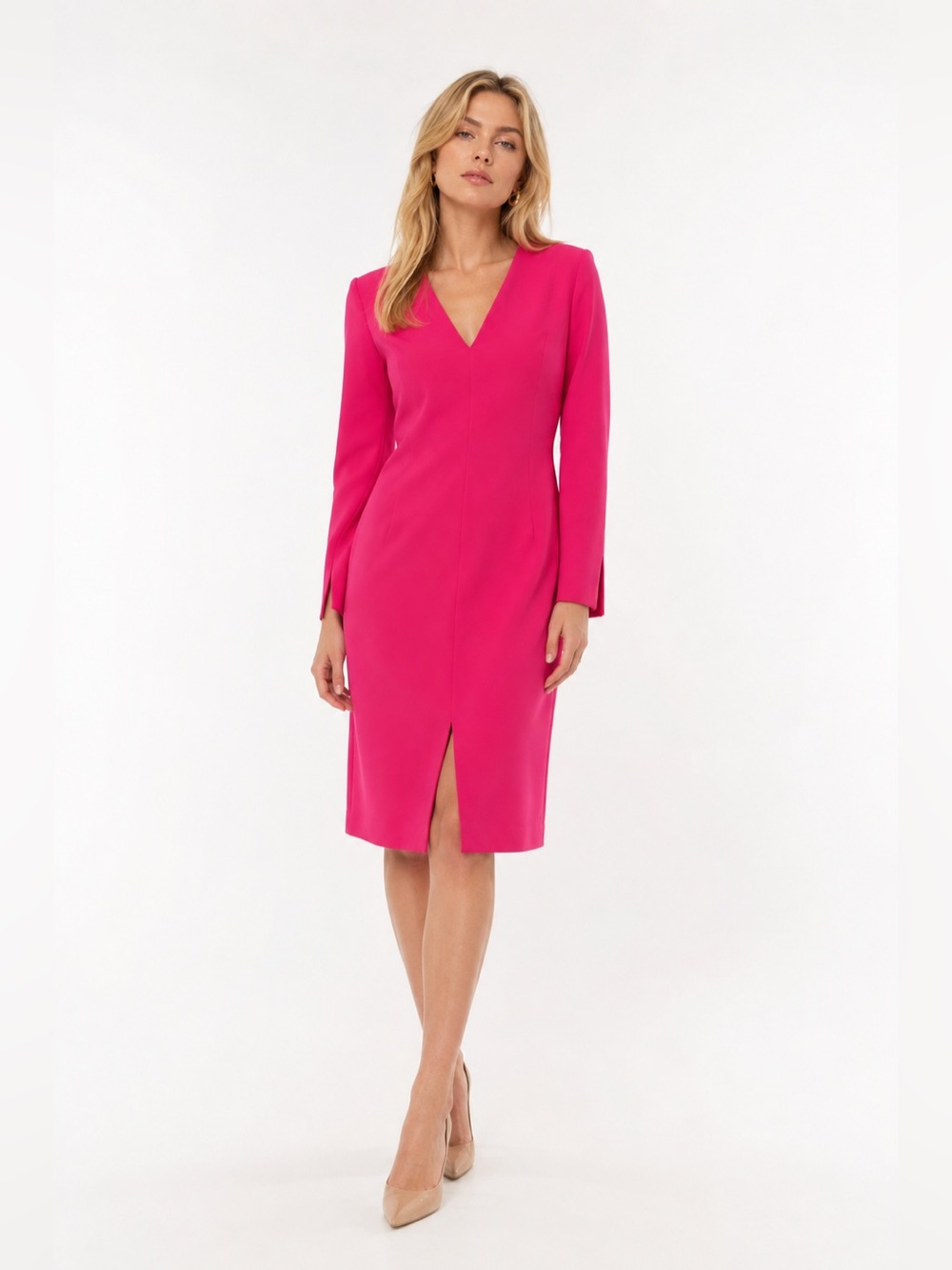 Black Halo Fuchsia V-Neck Long Sleeve Sheath Dress